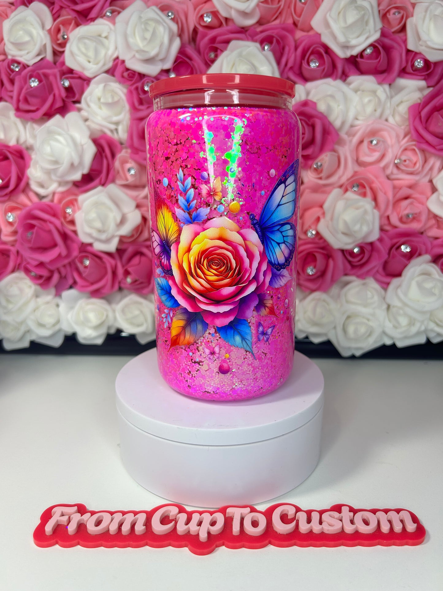 16 oz glass snow globe tumbler  (Dry Glitter)