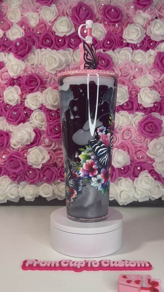 RTS 24 oz acrylic snow globe tumbler (black oil white lava) with bling lid